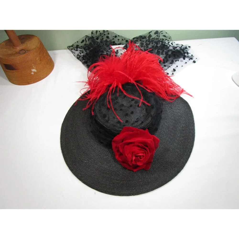 Vintage Wide Brim Hat Black Lace Ostrich Feathers Red Rose Embellishment